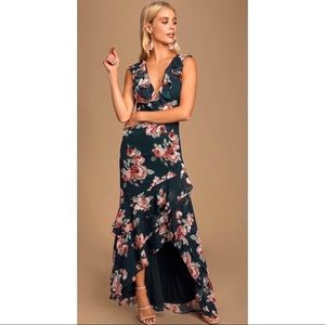 Lulu’s Dark Green Floral Print High-Low Maxi Dress